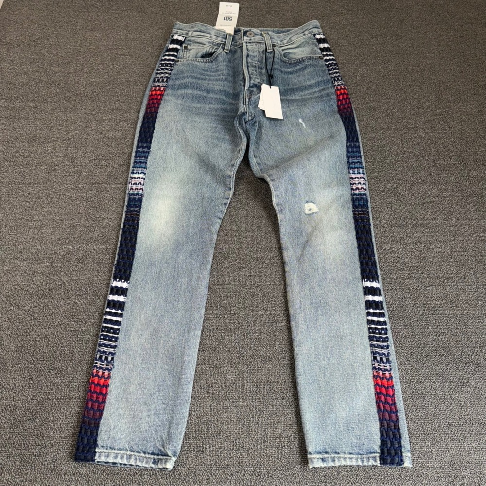 NWT Levis Made & Crafted 501 Skinny Selvedge Jeans Woven Stripe 27x28 Light Wash
